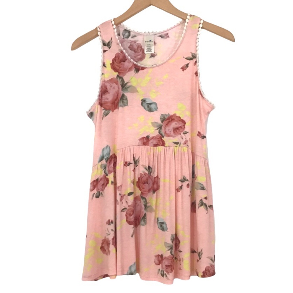 Brendas USA Pink Floral Sleeveless Tank Top Size M Pom Pom Trim Soft & Stretchy